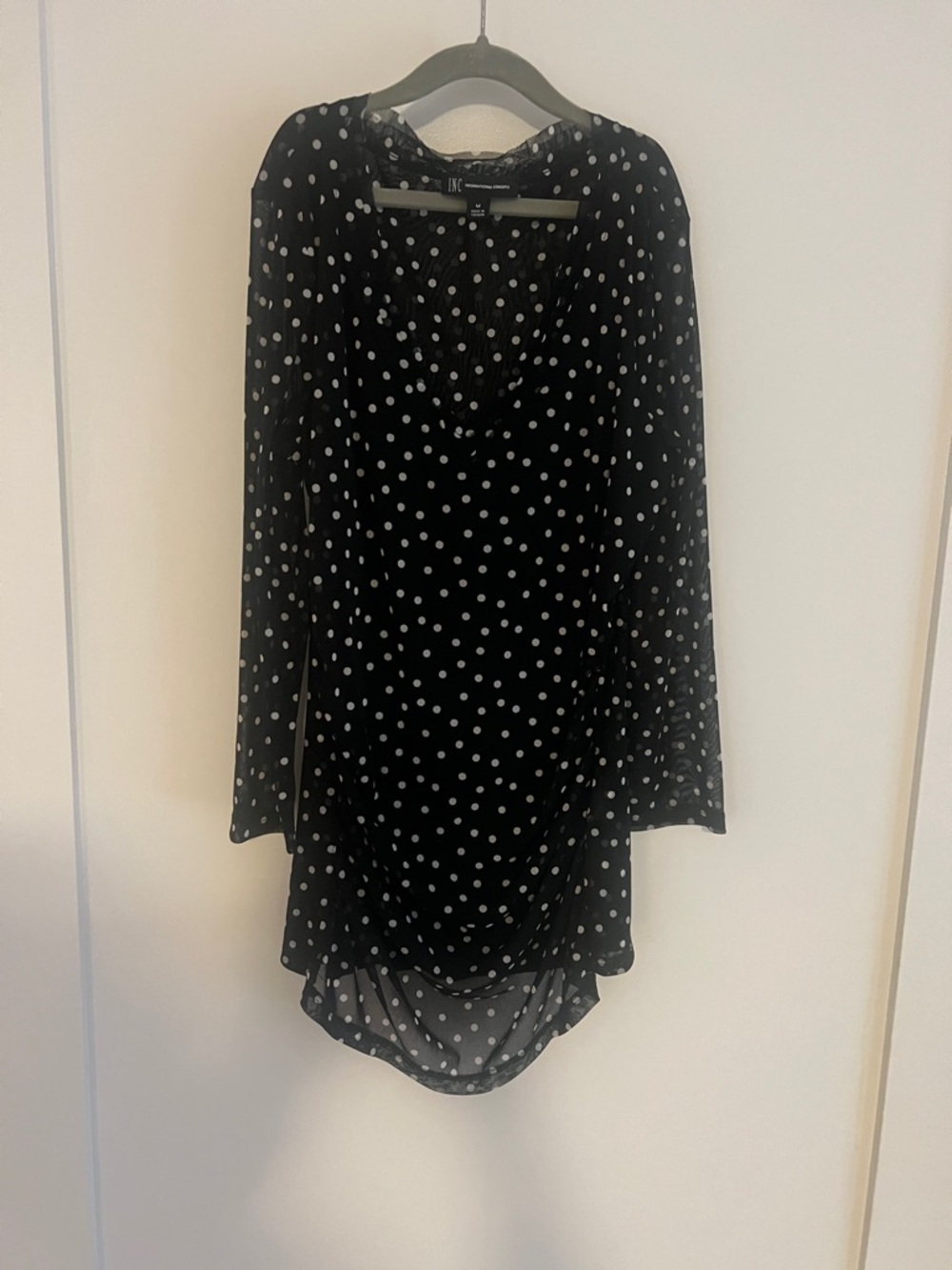 INC International Concepts Black Blouse with White Polka Dots